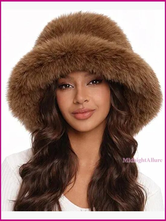 Oversized Faux Fur Bucket Hat, Plush Winter Style, Adjustable Drawstring main image 4
